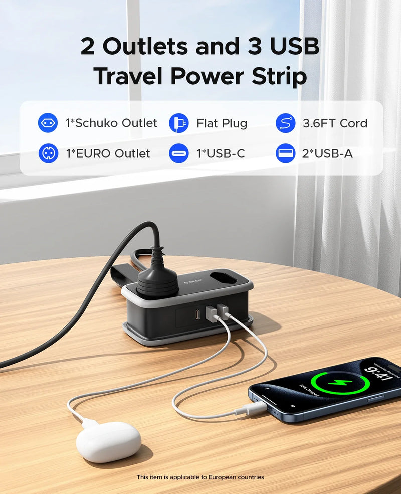 ORICO EU Plug Travel Power Strip with 2AC 3USB Port 1.1M Extension Cable 5-In-1 Charging Smart Socket for Home/Travel Save Space