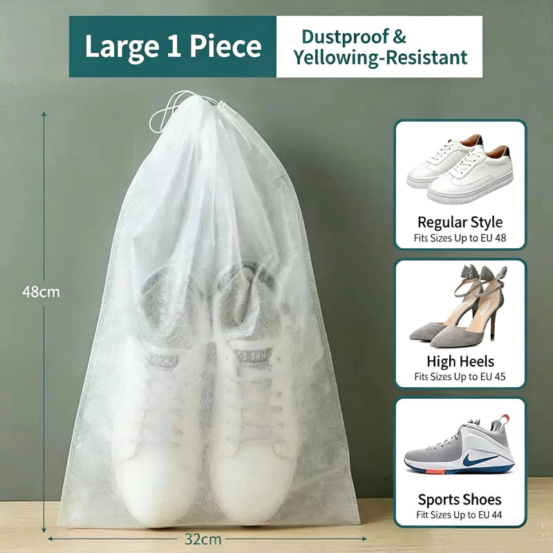 Disposable Non Woven Shoe Storage Bags with Drawstring, Dust Proof Hanging Shoe Organizer Pouches for Travel Closet Outdoor Use