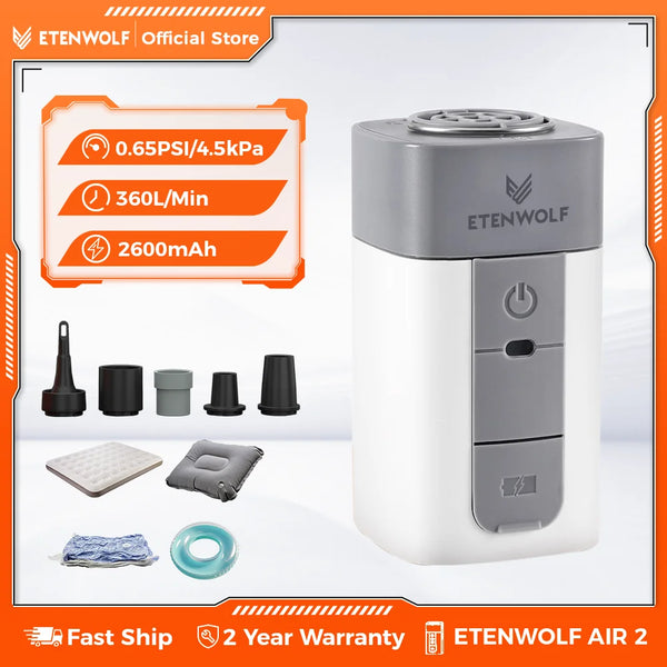 ស្នប់ខ្យល់អគ្គិសនី ETENWOLF AIR 2 សម្រាប់ឧបករណ៍បំប៉ោងខ្យល់ 2600 mAh ស្នប់ខ្យល់អគ្គិសនីបំប៉ោង និងបន្ថយល្បឿនលឿនជាងមុន 2 ដង កម្រាលពូកខ្យល់សម្រាប់គេង