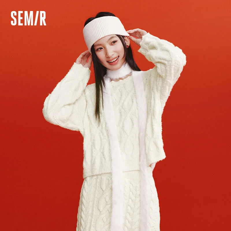 Semir Red Sweater Women 2026 Spring Short Cable Knit Ruffle Loose Slouchy New Year Style Casual Fashion Pullover Top