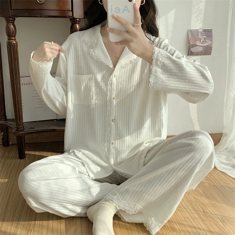 High Quality Korean White Pajamas For Women Sweet Lace Cotton Sleepwear Set Long Sleeve Spring Autumn Home Wear Pijamas Suit