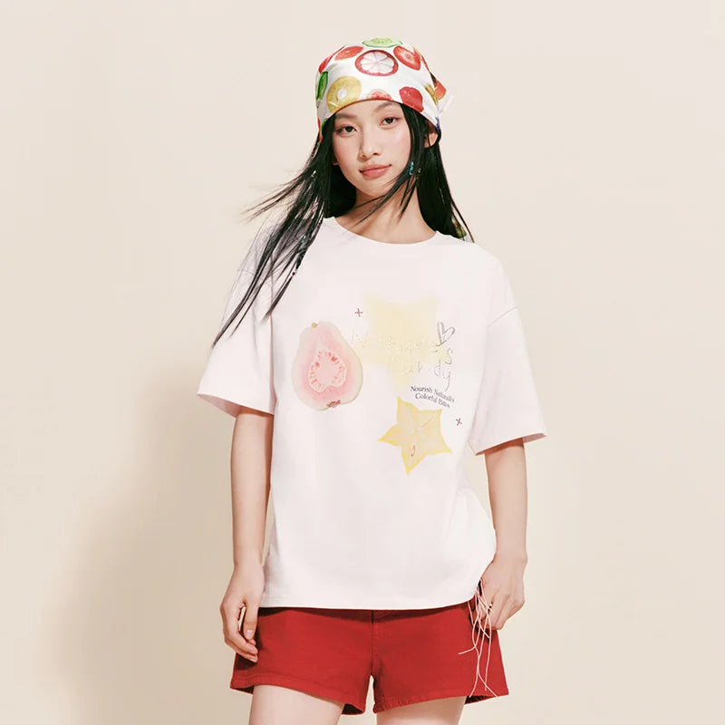 Semir Women Tshirt Cotton Hot Drilled Fruit Pattern Midi Length Loose Pullover Lazy Sweet 2026 Summer Casual Top