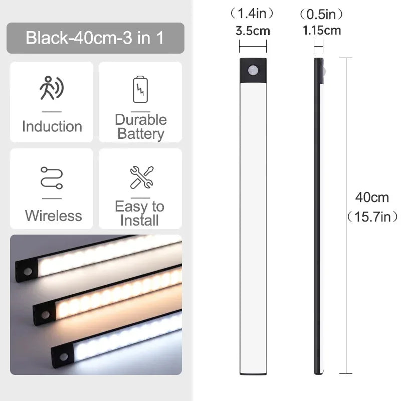 10-60CM Motion Sensor LED Night Light Wireless USB Rechargeable Under Cabinet Lights Ultra Thin Long Bar Lamp Kitchen Bedside