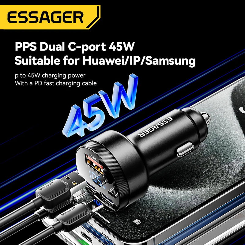 ឆ្នាំងសាករថយន្ត Essager 105W USB សាកលឿន 4.0 QC4.0 QC3.0 QC SCP PPS PD USB ប្រភេទ C សាកលឿនសម្រាប់ទូរស័ព្ទ iPhone 14 15 Xiaomi