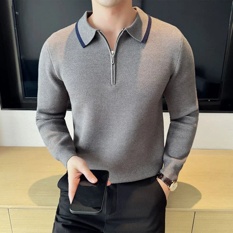 Men's Half Zip Polo Neck Knit Sweater, Color Block Design, Thick Winter Pullover, Business Casual High Collar Jumper