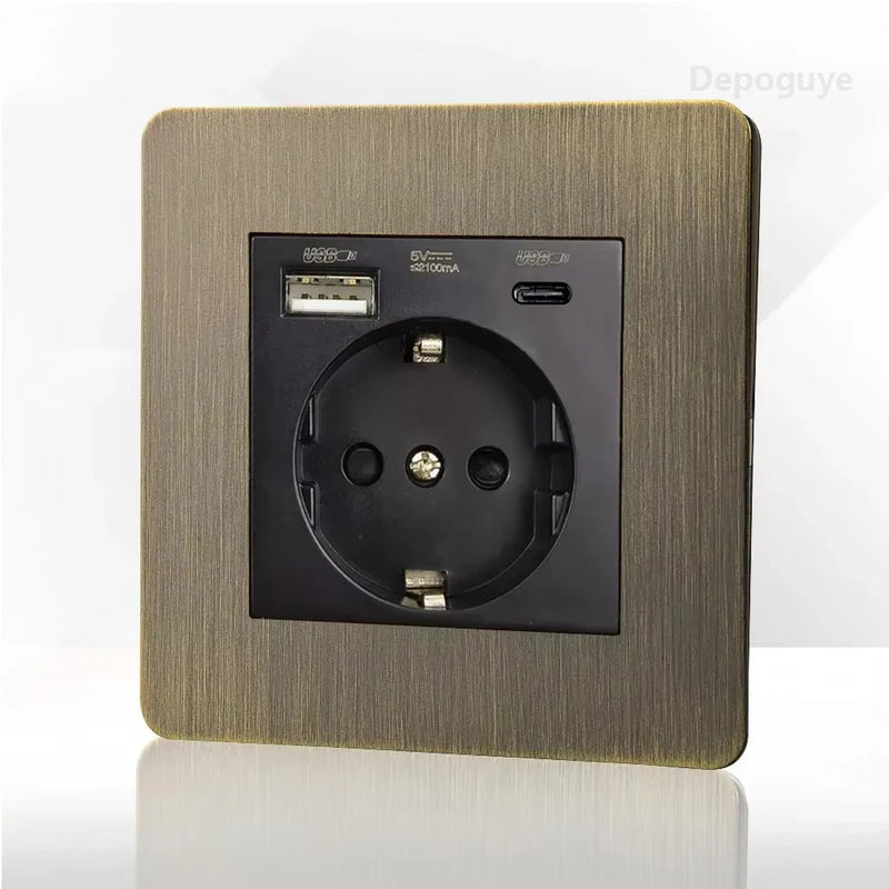 Retro EU FR Metal Panel Wall Toggle Light Switch Socket plug,Bronzed Antique Stainless Steel German 16A Socket with USB Charging