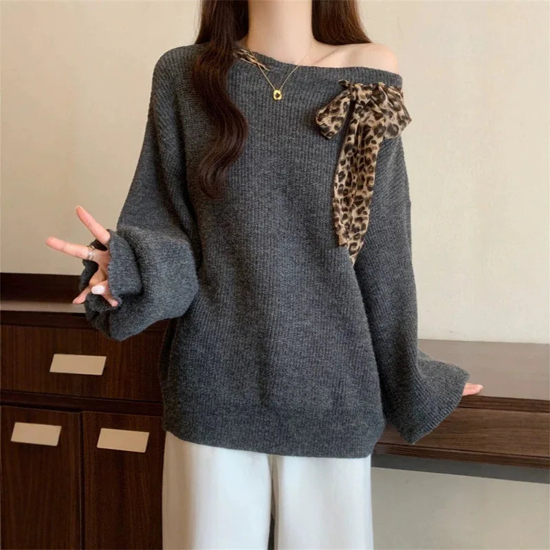 Sweater Female Korean Leopard Print Autumn Winter Soft  Lace-up Off-shoulder Lazy Wind Knitted Top Pullover Jumper Women