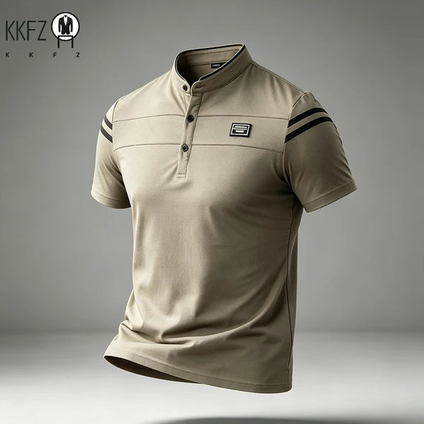 Mens Basic Stand Collar Short Sleeve Polo Top Sleeve Stripes Suitable For Vacation Short Trip And Multiple Leisure Scenes