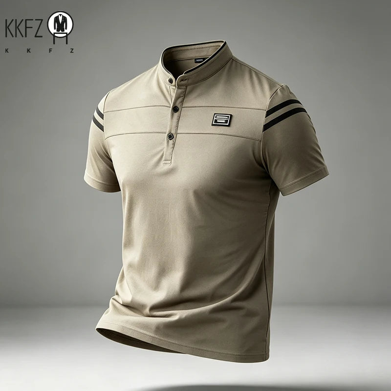 Mens Basic Stand Collar Short Sleeve Polo Top Sleeve Stripes Suitable For Vacation Short Trip And Multiple Leisure Scenes