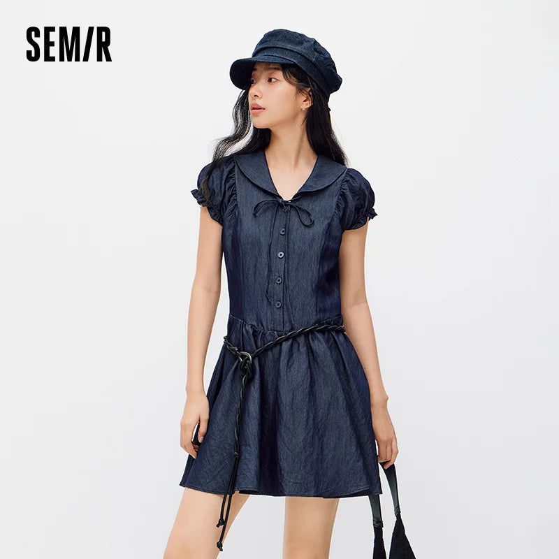 Semir Women Dress Sailor Collar Bow Lace Waist Cinching Slim Fit Sweet Stylish Mini 2026 Summer Fashion Casual Top