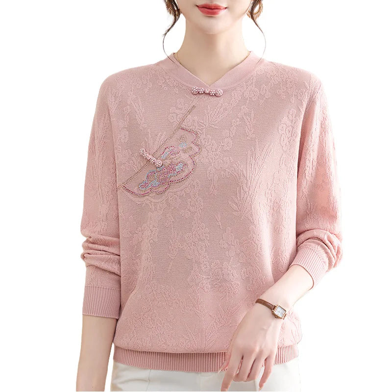 Vintage Printed Woman Clothing Knit Middle Aged Mother Pullover Tops Long Sleeve Autumn Winter Sweaters & Jumpers Pull Femme