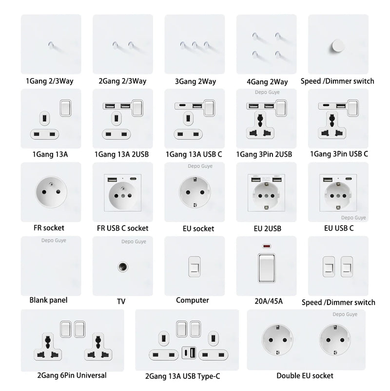 Toggle Switch White Stainless Steel Panel Retro Lever Switch AC110-250V 1 2 3 4Gang 2Way Wall light Switch Dual EU/France Socket