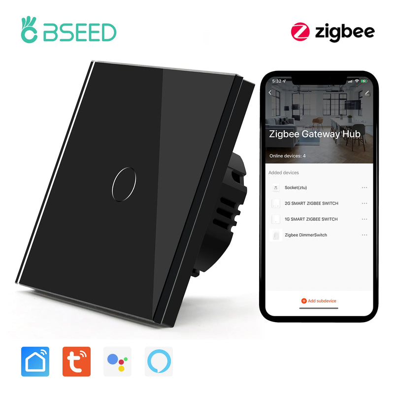 BSEED Zigbee Touch Switch 1/2/3Gang 1/2/3Way Smart Touch Light Switch Support Tuya Smart Life Alexa Control With No Neutral Line