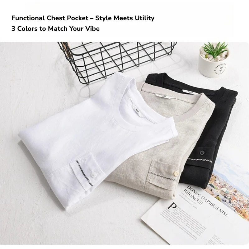 Linen Blend Short Sleeve T-Shirt – Loose Fit Crewneck with Chest Pocket, Lightweight & Cooling for Summer