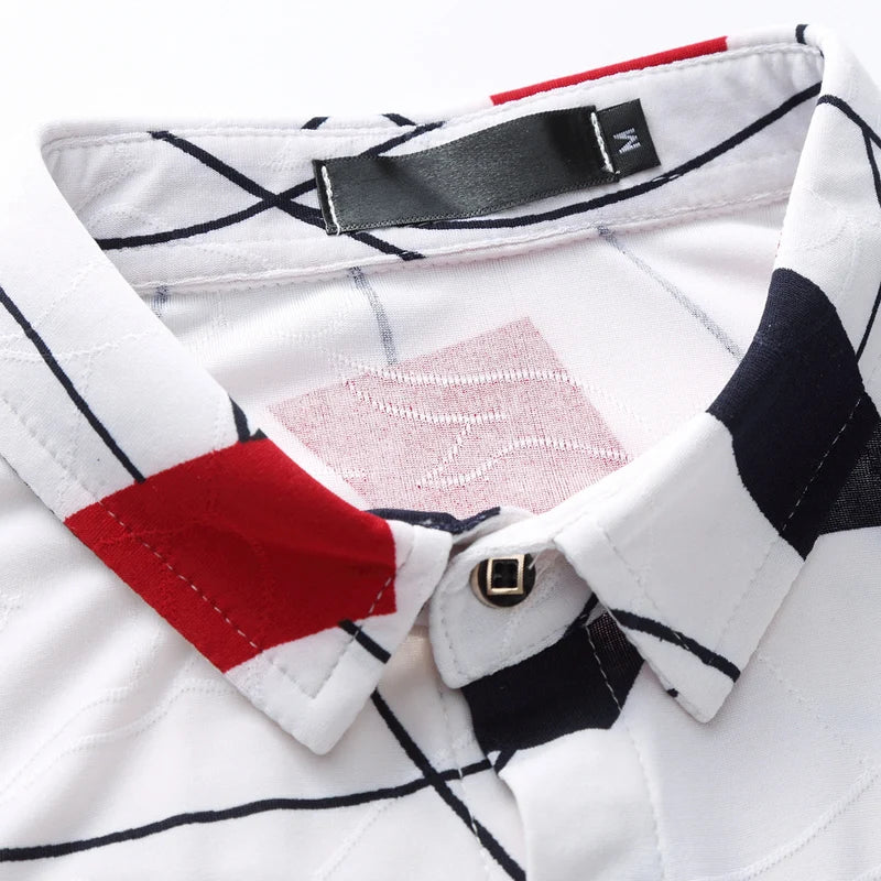 2026 Summer White Men's Stretch Short-sleeved Shirt, Navy Blue Single-breasted Collar Shirts, Beach Vacation Top, Asian Size