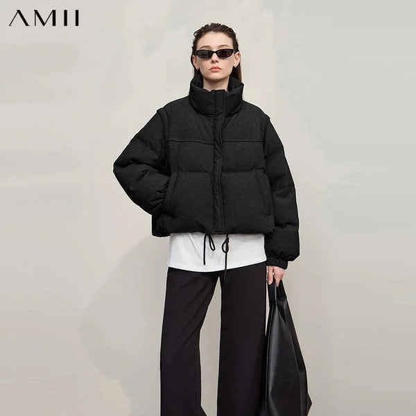 Amii Down Jacket For Woman 2026 Winter New Warm Zipper Removable Sleeves Ladies Clothes Loose Versatile Short Down Coats12544073