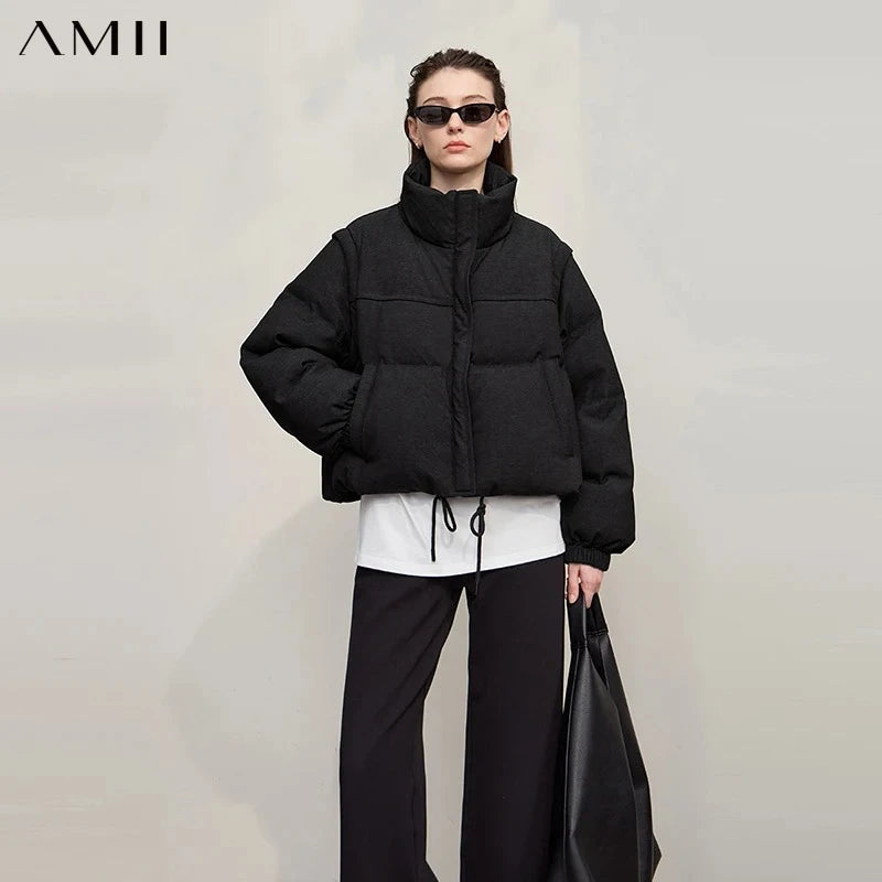 Amii Down Jacket For Woman 2026 Winter New Warm Zipper Removable Sleeves Ladies Clothes Loose Versatile Short Down Coats12544073