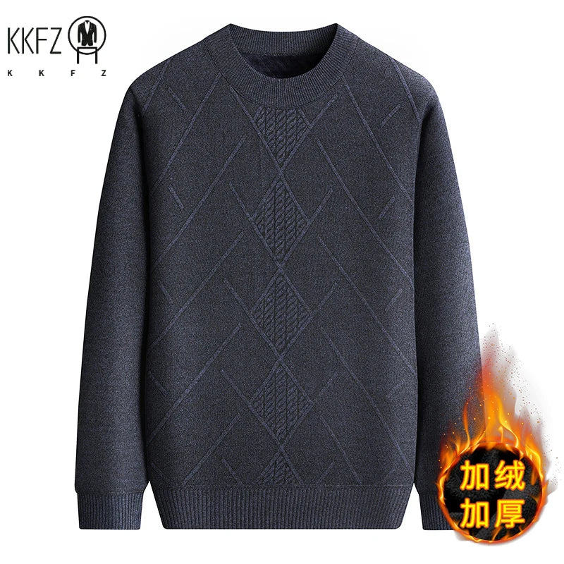 Breathable Outer Knit Men Thermal Jumper Full Plush Inner Retro Rhombus Jacquard Daily Commuting Pullover