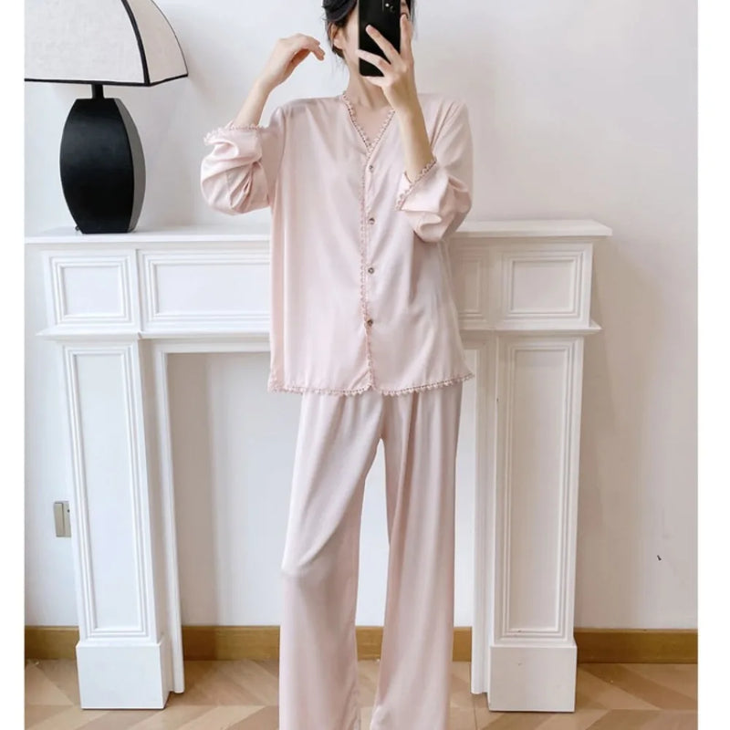 Night Wear Ladies Pajamas Nightwear for Woman Spring Autumn Long Sleeve Sleep Tops with Pants Sleepwear Women's 2-piece Sets