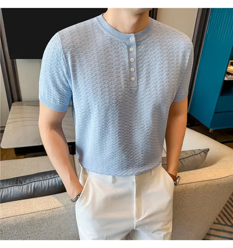 Men's Short Sleeve Polo Shirt Diamond Jacquard Texture Knitted Slim Fit Henley Collar Business Casual T-Shirt Old Money Style