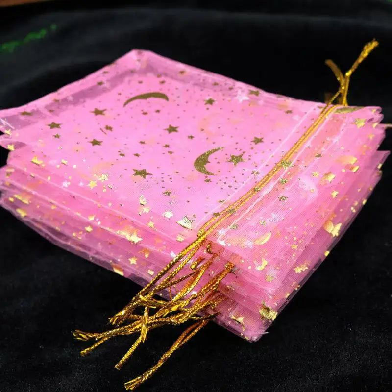 50PCS Moon Stars Drawstring Organza Bags Jewelry Gift Bags Pouches Gold Star Organza Favor Pouches for Christmas Wedding