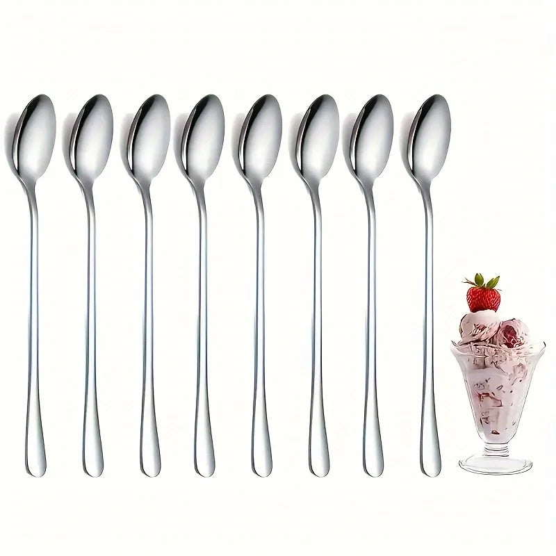 6Pcs Stainless Steel Long-Handled Ice Teaspoon, Coffee Spoon, Ice Cream Stirring Spoon, Dishwasher Safe, Kitchen Accessories, Tableware Set