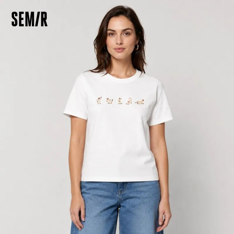 Semir Womens Tshirt 2026 Short Slim Regular Shoulder Cat Printed Cute Casual Fashion Daily Wear