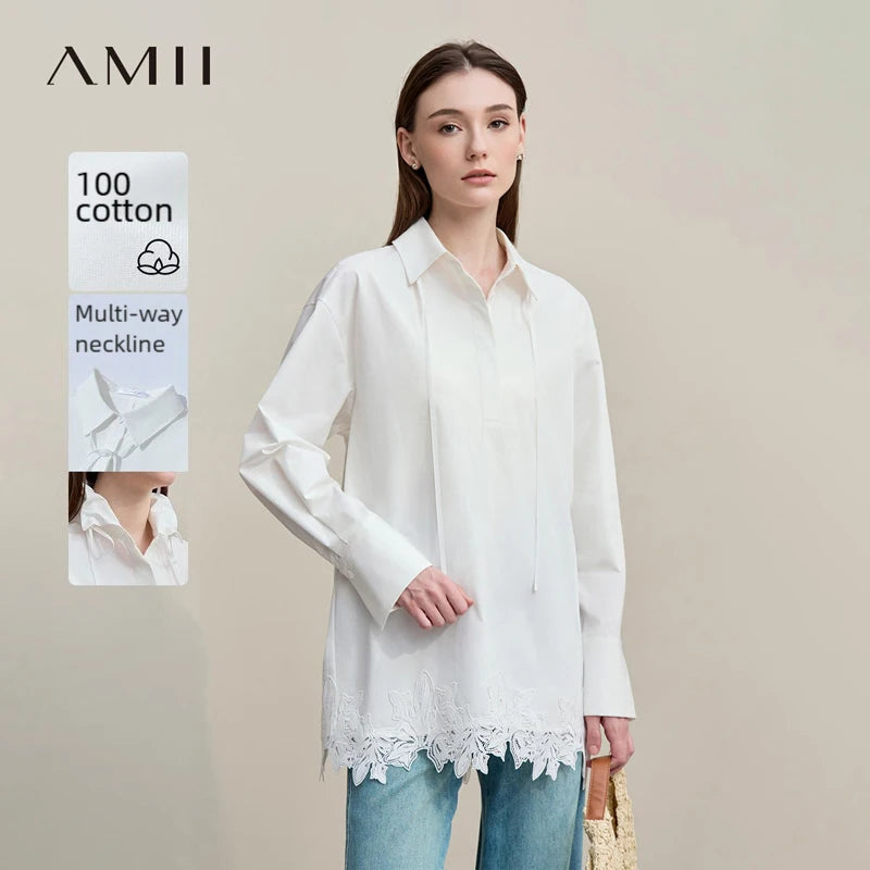 Amii Woman Autumn Shirt 2026 New Elegant Commuter Lapel Shirt Lace Patchwork Loose Cotton Casual Long Sleeve Top 12621011