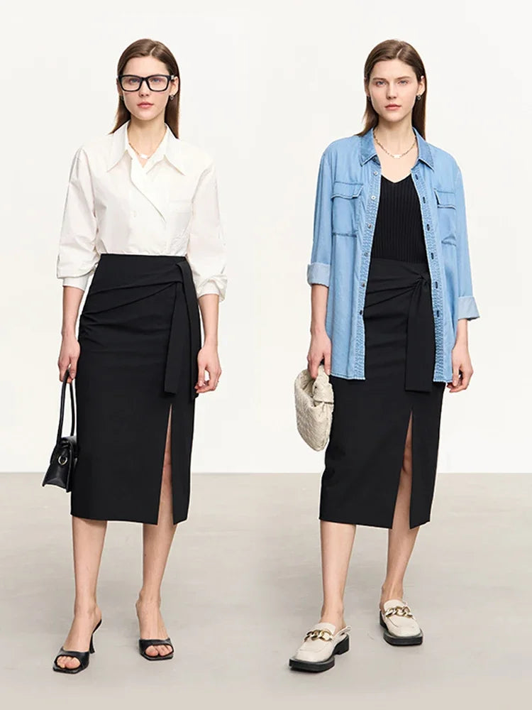 AMII Minimalist 2026 Autumn Skirts For Women New Temperament Tie Split Straight A-Line Solid Skirt Office Lady Clothing 12342411