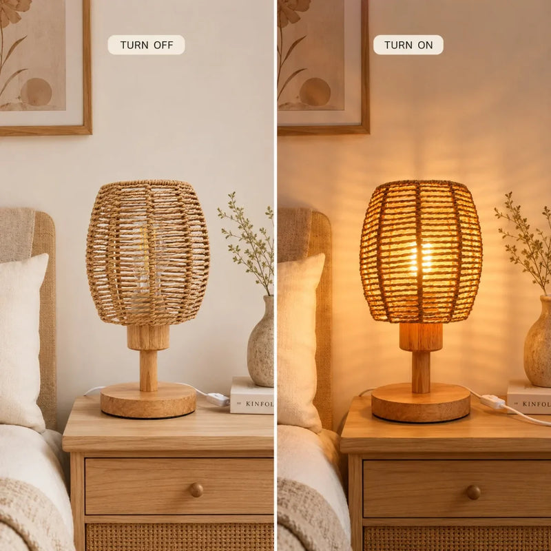 JOYINLED ED Bedside Lamp, Handwoven Rope Lampshade, E27 Solid Wood Base, Boho Decorative Lamp for Bedroom, Living Room, Hotel