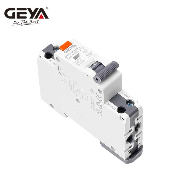 ឧបករណ៍បំបែកសៀគ្វីចរន្តអគ្គិសនី GEYA ប្រភេទអេឡិចត្រូនិច RCBO ទំហំ 18mm 230V 1P+N 6KA ជាមួយនឹងថាមពលលើសចរន្តអតិបរមា 40A