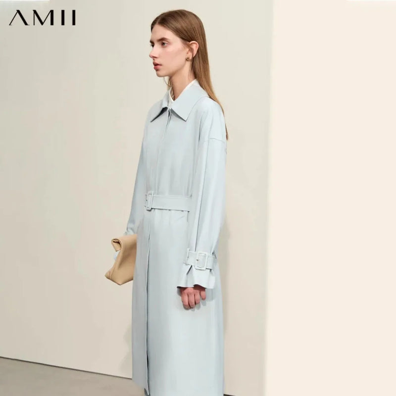 AMII Woman Minimalist Trench Coat 2026 Autumn New Belt Off-The-Shoulder Sleeves Long Solid Versatile Commuter Jacket 12441088