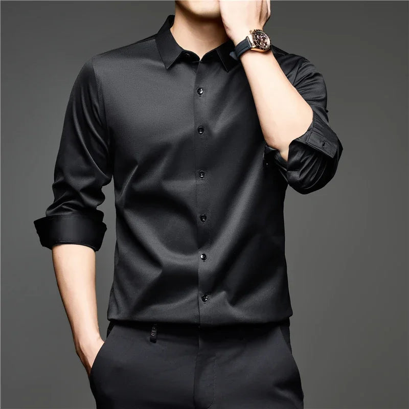 Mens Lightweight Button Up Dress Shirt Lapel Collar Long Sleeve Glossy Texture Top For Daily Business Occasions