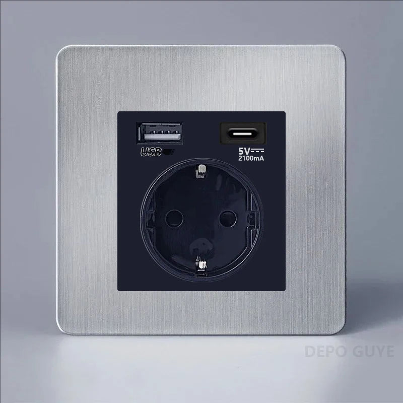 Retro EU France Socket Stainless Steel Brushed Double Power Outlet Toggle Metal Lever 1-4 Gang 2Way Wall Light Switch Panel RJ45