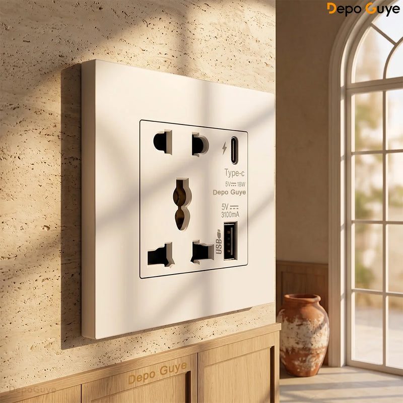 UK 13A Wall Socket with USB Type C 18W Quick Charge Power Outlet,Universal Electrical  Wall Light Switch Dual 3-pin Socket 220V