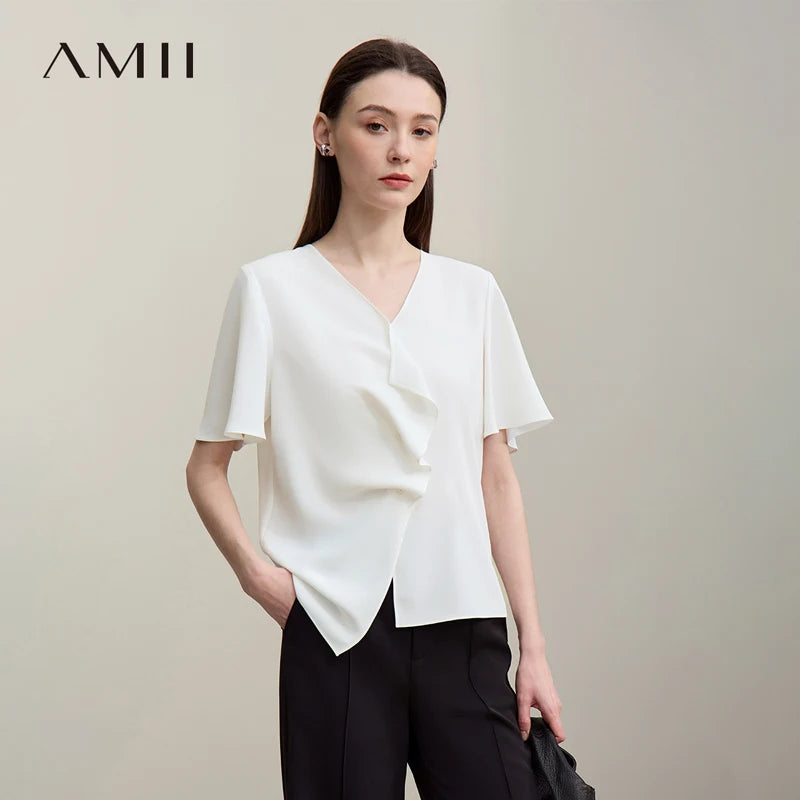 អាវស្រី Amii រដូវក្តៅឆ្នាំ ២០២៦ អាវក V ដៃខ្លី ផ្នត់ សម្រាប់ស្ត្រី អាវការិយាល័យ ឆើតឆាយ សម 12622072