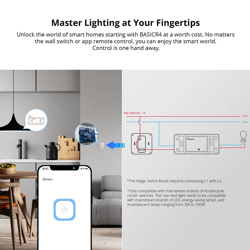SONOFF BASICR4 Wi-Fi Smart Switch ESP32 Chip Reliable Safe Magic Switch Mode eWeLink Remote Control Works with Alexa Google Home