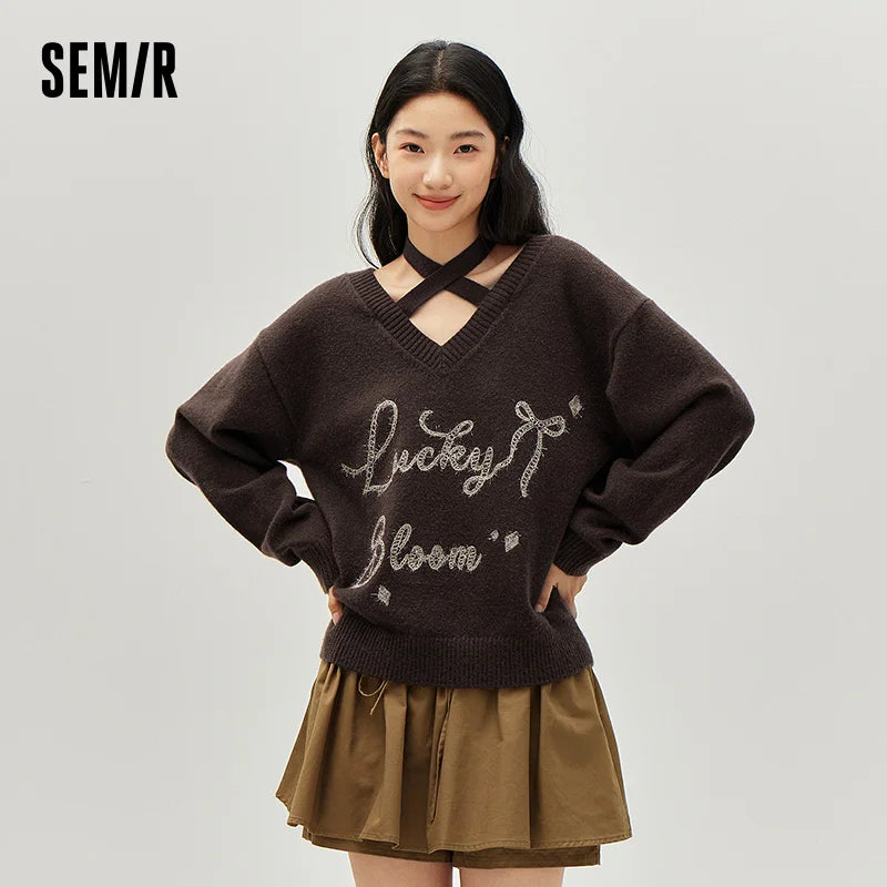 Semir Elegant Sweater Knit Women VNeck Halter Loose Fit Embroidered Bow Sweet 2025 Winter Soft Comfortable Stylish Top