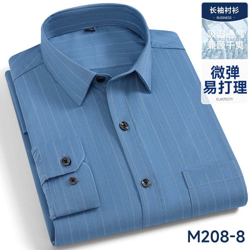 Men's Black Long-sleeve Plaid Shirt for Spring and Fall; Wrinkle-resistant, Quick-drying, Casual Stretch Shirt. White,Gray,Blue.