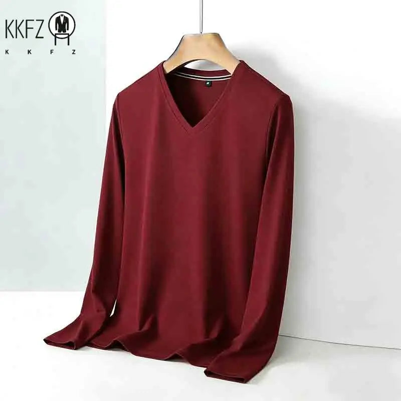 2026 New Men's Brown V-neck Long Sleeve Shirt Casual Business Commute Top for Office
