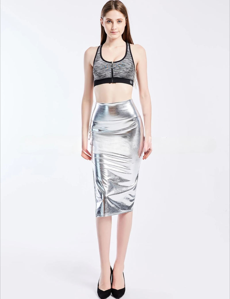Gold Women's Shiny Knee-length Skirt, Asian Sizes, Available in Blue, Silver, and Black.