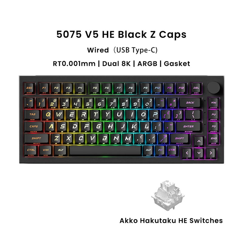 Akko Hall Effect Magnetic Keyboard 5075 V5 75% RT0.001mm 8K USB Type-C/2.4g&BT5.0 Wireless ARGB Custom Gamer Keyboard Gasket