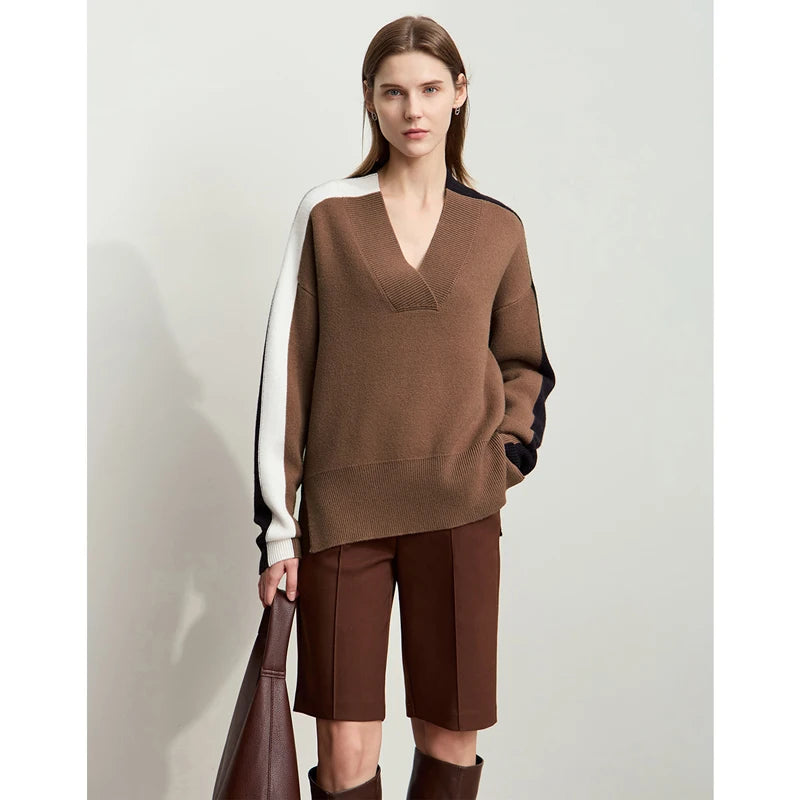 AMII Minimalist Women's Contrast Color Spliced Sweater 2026 Winter V-neck Drop Cuff Sesame Bottom Jacquard Loose Tops 12444122