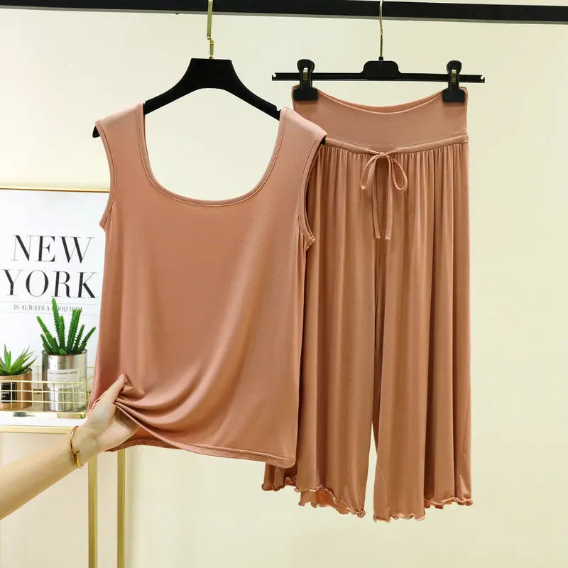 Plus Size Modal Sleepwear Home Clothes Double U-neck Vest Loose Cropped Pants Set Drawstring Lace-up Women's Pajamas M-6XL