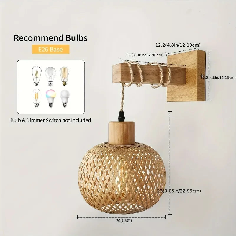Plug-In Wall Sconce, Handcrafted Bamboo Rattan Light, Rustic Farmhouse Boho Wall Lamp for Bedroom Living Room Commercial