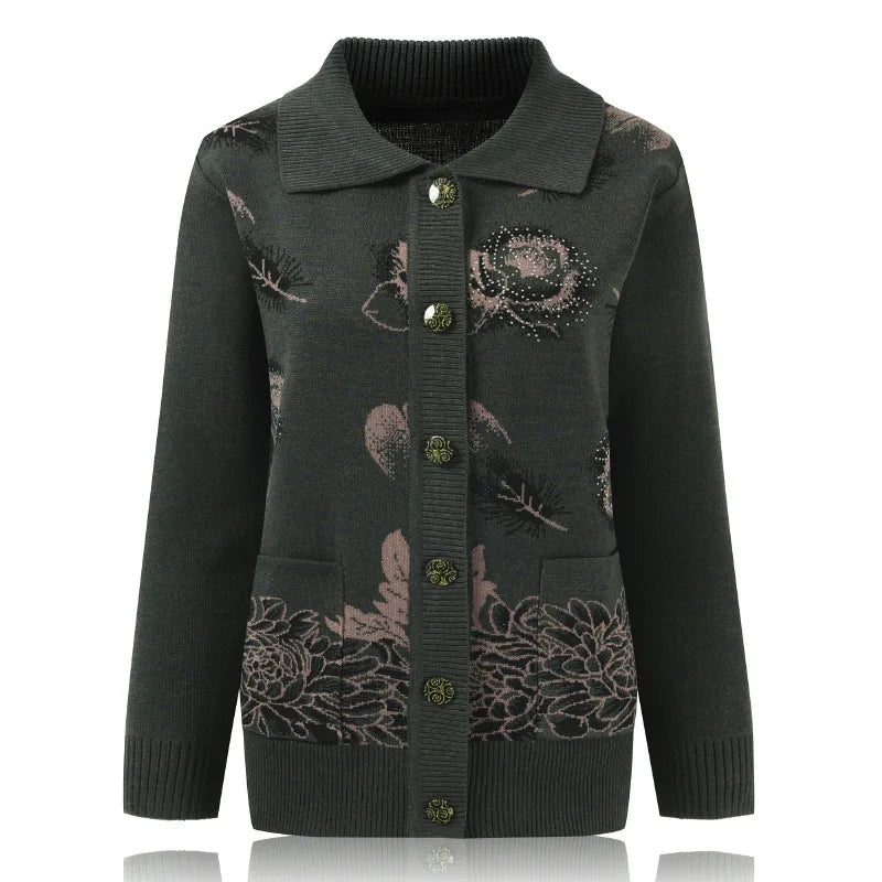 Fdfklak Middle-Aged Elderly Women Knitted Lapel Cardigans Mother Printed Buttons Sweater Spring Autumn Grandma's Clothes