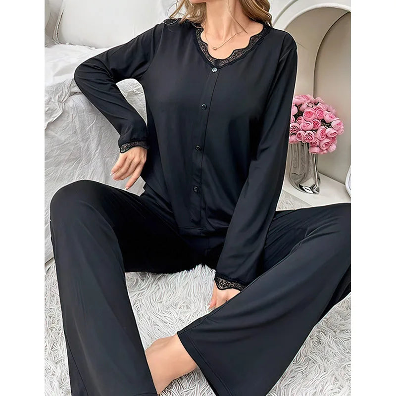Solid Color Knitted Cotton Splicing Lace V-neck Long-sleeved Trousers Set Women's Pajamas Loungewear Sleepwear Pijamas Female