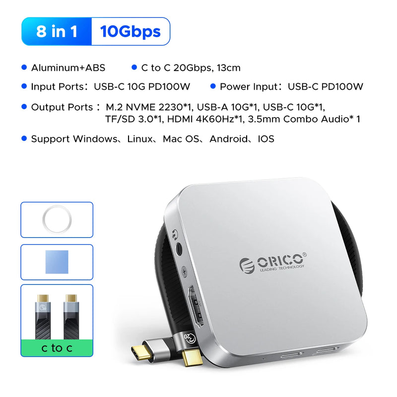 ORICO Magnetic M.2 2230 NVMe SSD Enclosure 10Gbps USB C Docking Station with 4K60HZ HDMI-COM SD/TF PD 100W Charger for iPhone 17