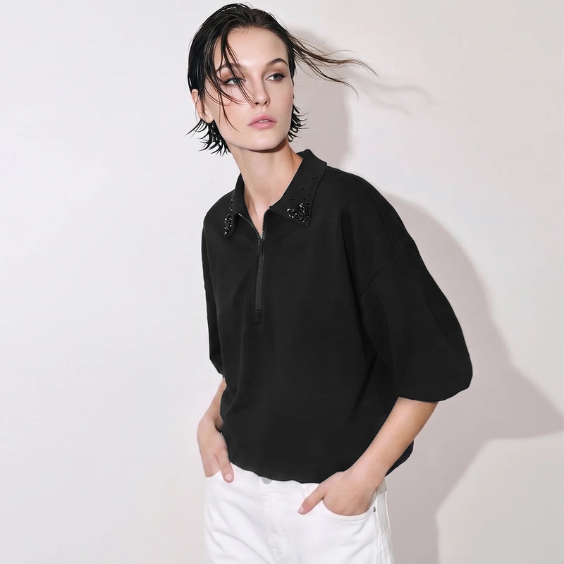 Amii Women's T-Shirt 2026 Summer New Lapel Collar Beaded Zip Drop Shoulder Cotton Tee Casual Short Sleeve Top For Women 12622097