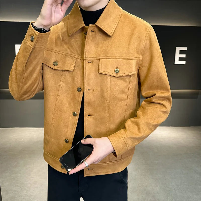 High-Grade Deerskin Velvet Padded Jacket,  Men's Lapel Short Solid Color Coat Brown